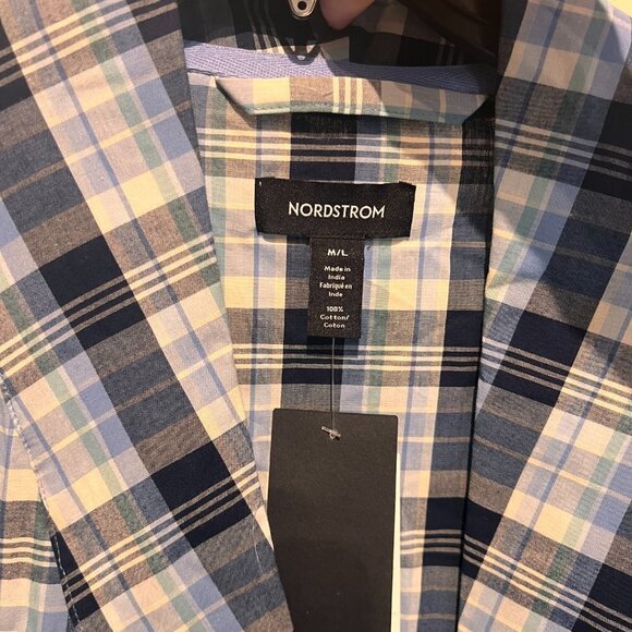 Nordstrom Print Shawl Collar Cotton Poplin Robe- Blue Plaid - Picture 2 of 6